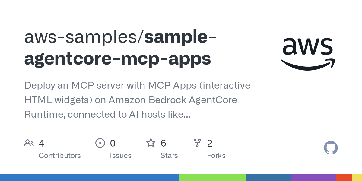 GitHub - aws-samples/sample-agentcore-mcp-apps: Deploy an MCP server with MCP Apps (interactive HTML widgets) on Amazon Bedrock AgentCore Runtime, connected to AI hosts like ChatGPT and Claude — demonstrated with a Unicorn Rentals sample.