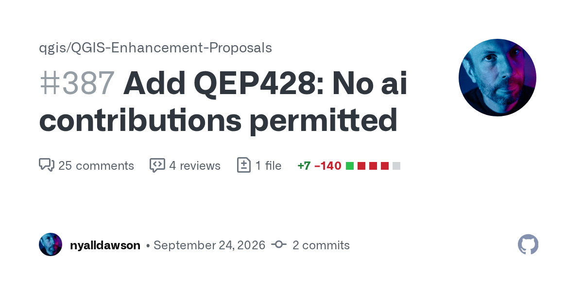 Add QEP428: No ai contributions permitted by nyalldawson · Pull Request #387 · qgis/QGIS-Enhancement-Proposals
